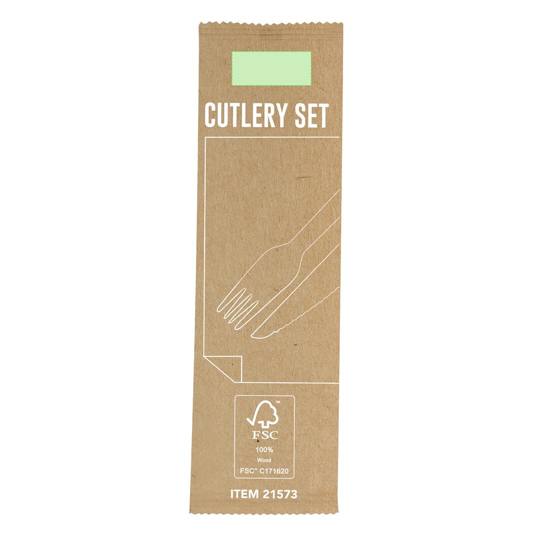 Set desechable sostenible 3 piezas de madera natural con servilleta kraft — en bolsa individual