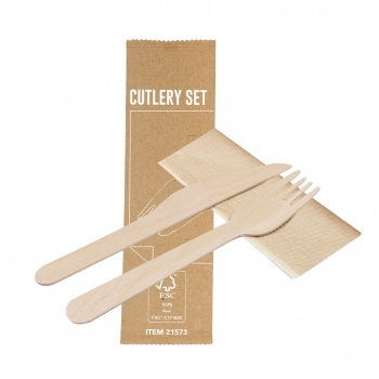 Set desechable sostenible 3 piezas de madera natural con servilleta kraft — en bolsa individual