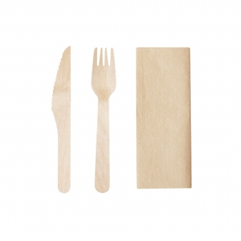 Set desechable sostenible 3 piezas de madera natural con servilleta kraft — en bolsa individual