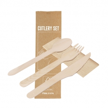 Set desechable sostenible 4 piezas de madera natural con cuchara y servilleta kraft — bolsa individual