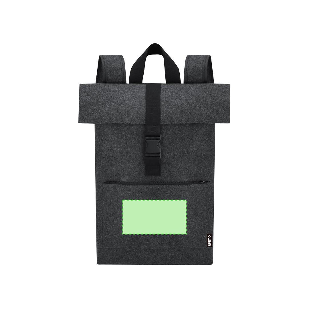 Mochila de fieltro RPET con cierre de hebilla, bolsillo frontal cremallera, cintas reforzadas y asa superior