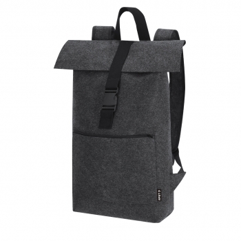 Mochila de fieltro RPET con cierre de hebilla, bolsillo frontal cremallera, cintas reforzadas y asa superior