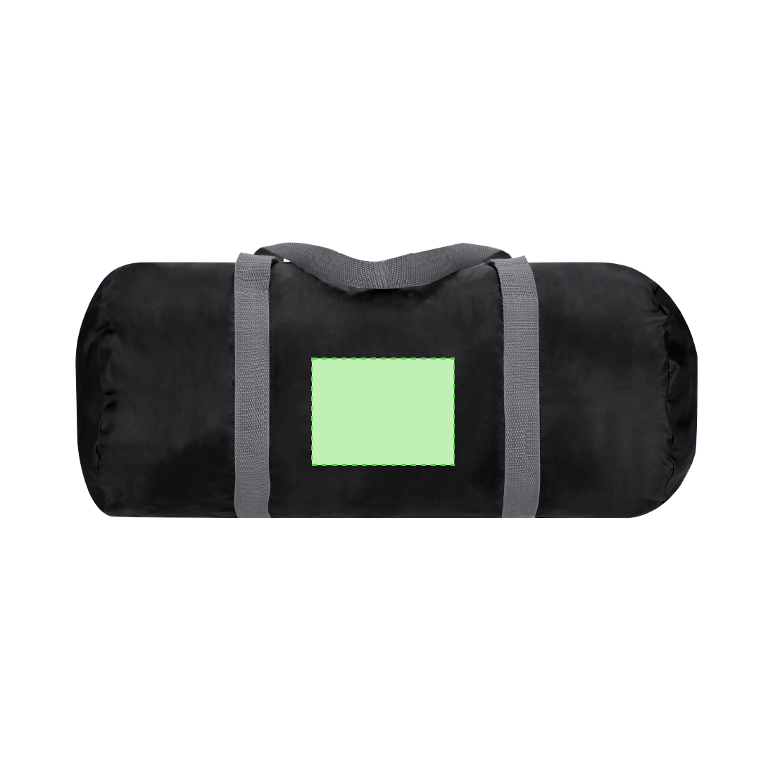Bolso plegable de RPET 290T con mosquetón, accesorios en gris y negro y etiqueta RPET