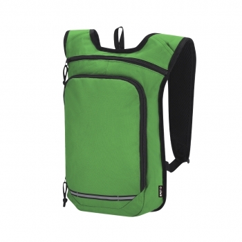 Mochila de RPET 600D con tiras reflectantes frontales, espalda acolchada y formato compacto