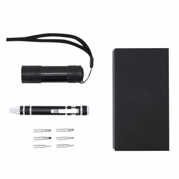 Set multiherramienta linterna 6 accesorios 9 LEDs 3 pilas AAA kit completo
