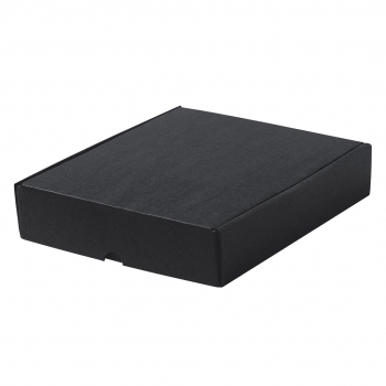 Caja de presentación mediana en cartón corrugado FSC negro — 21x25x5 cm, sostenible y lista para personalizar
