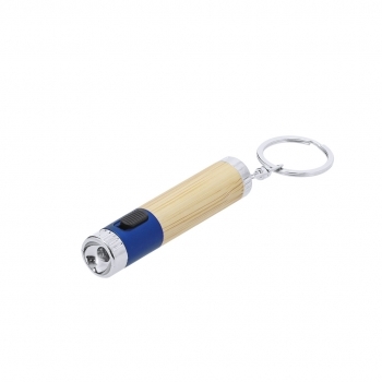 Llavero linterna de bambú y ABS 1 LED con botón lateral y elementos cromados