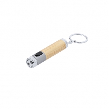Llavero linterna de bambú y ABS 1 LED con botón lateral y elementos cromados