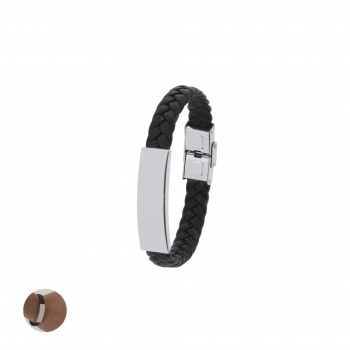 Pulsera de piel sintética negra con placa de acero inoxidable grabable y cierre de seguridad