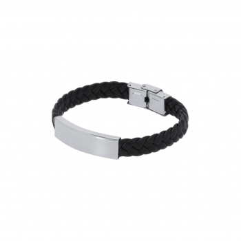 Pulsera de piel sintética negra con placa de acero inoxidable grabable y cierre de seguridad