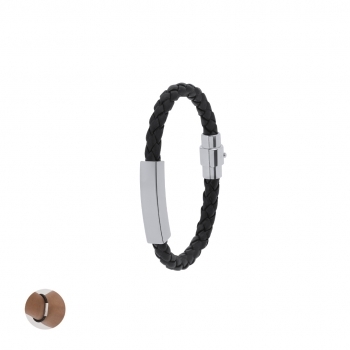 Pulsera de piel sintética negra con placa de acero inoxidable grabable y cierre magnético