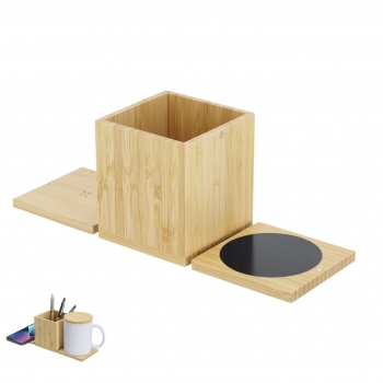 Lapicero de bambú con calentador de tazas y cargador inalámbrico 15W