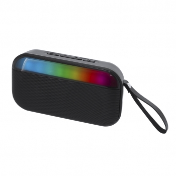 Altavoz estéreo Bluetooth 5W en ABS reciclado RABS con LED multicolor, reproductor USB, SD 32GB y correa PU