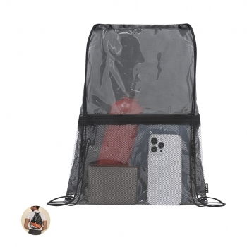 Mochila de cuerdas transparente de RPET/PVC con bolsillo de rejilla y distintivo RPET