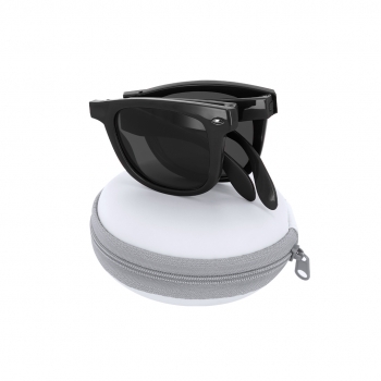 Gafas de sol plegables en PC Reciclado UV400 con montura negra brillante y lentes negro — funda redonda con cremallera