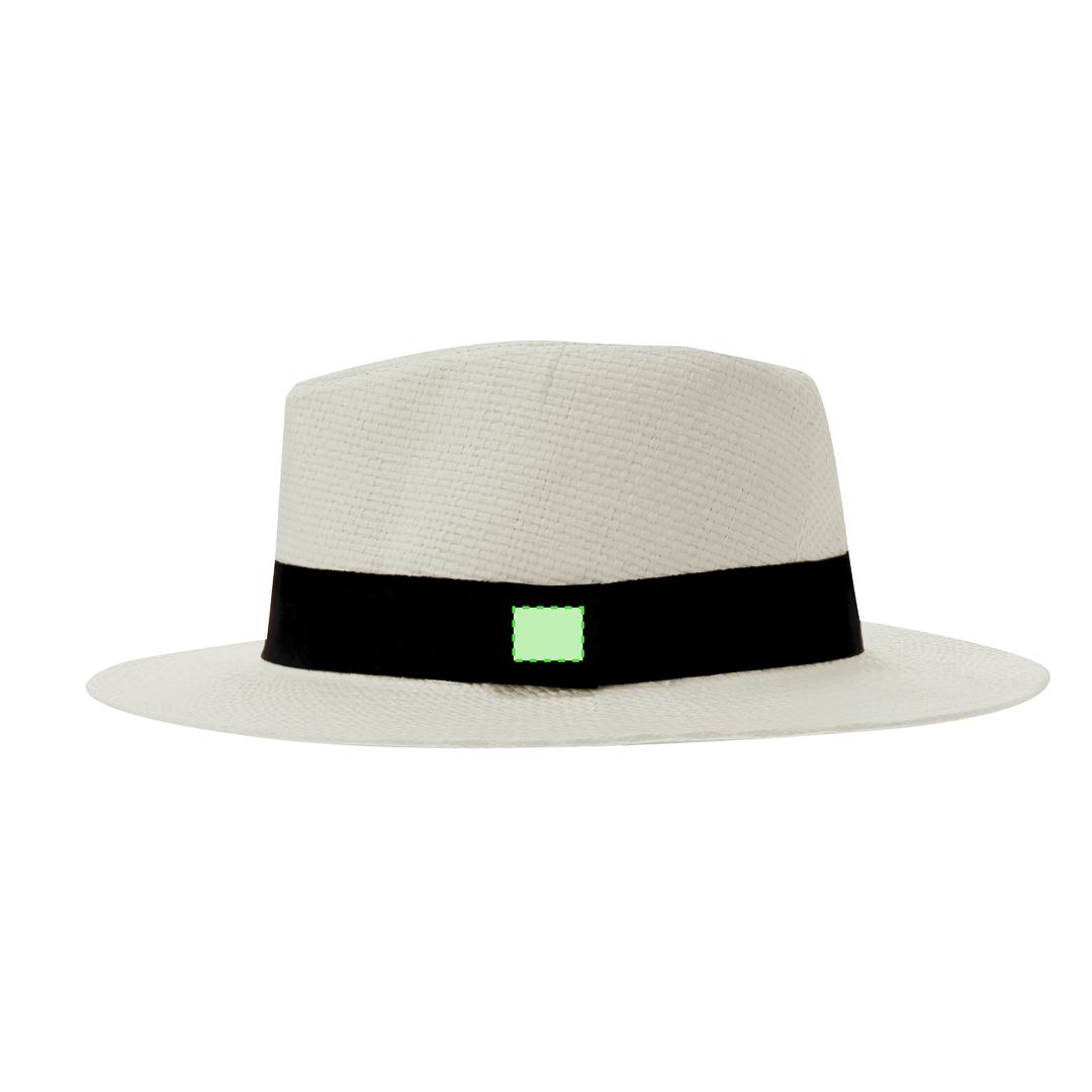 Sombrero de paja de papel blanca con cinta negra en la base, ajustable con cinta exterior e interior