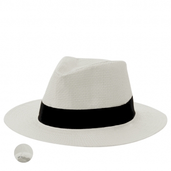 Sombrero de paja de papel blanca con cinta negra en la base, ajustable con cinta exterior e interior