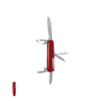 Navaja multiusos de acero inox 8 funciones con recubrimiento ABS: 2 cuchillos, punzón, sacacorchos, palillo, aguja, abrelatas y abrebotellas