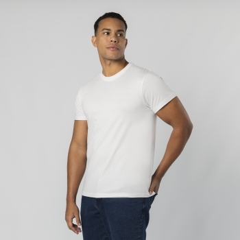 Camiseta Perkins adulto blanca — 100% algodón Ring Spun 190 g/m², tubular con cuello canalé 1x1 con elastano y cubrecosturas