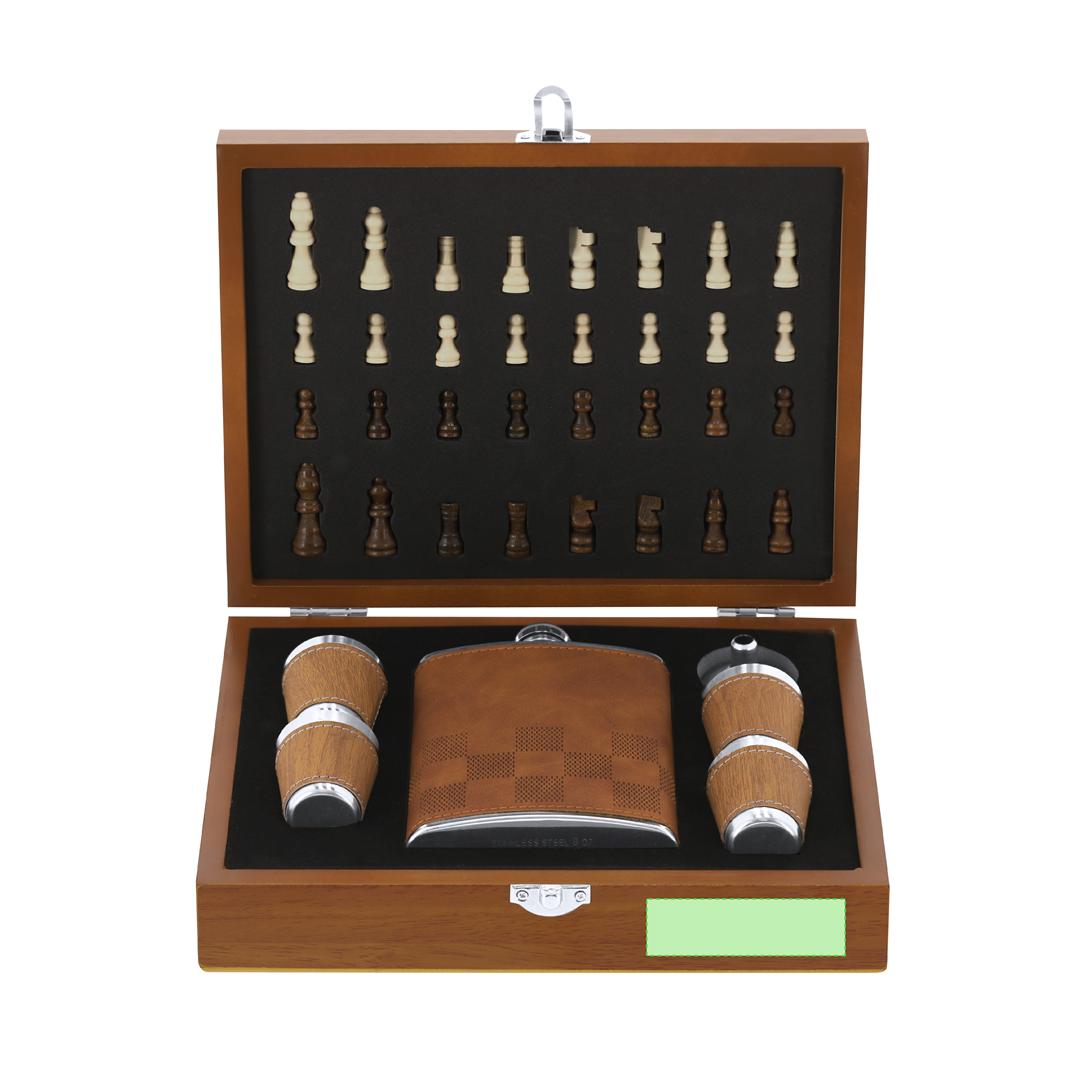 Set petaca de madera diseño tablero ajedrez 220 ml con 6 accesorios y juego