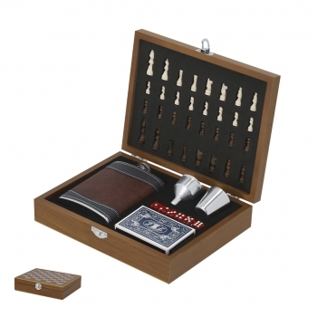 Set petaca de madera diseño tablero ajedrez 220 ml con 3 juegos incluidos