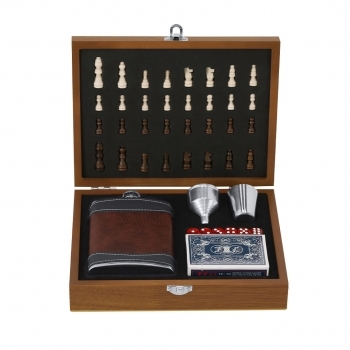 Set petaca de madera diseño tablero ajedrez 220 ml con 3 juegos incluidos
