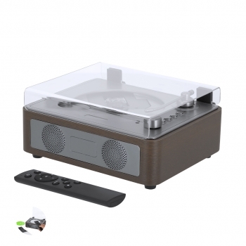 Reproductor de CD retro en madera con cubierta acrílica transparente, Bluetooth 2×3W y batería 2000 mAh