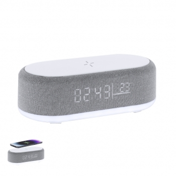 Reloj multifunción 5 en 1 con cargador inalámbrico 15W, lámpara 26 LEDs regulable, altavoz 5W, reloj y alarma