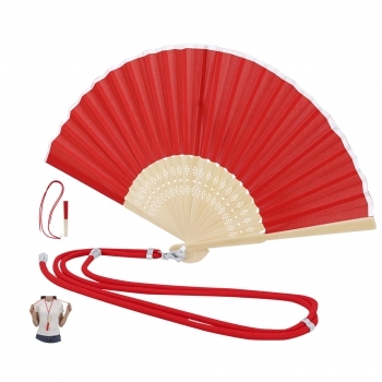 Abanico de bambú y poliéster 190T con cordón ajustable a juego y mosquetón metálico para transporte — 38x21 cm