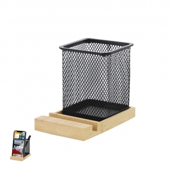 Lapicero soporte combinado de bambú y metal con porta-móvil