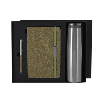 Set eco de fibra de té con bidón térmico acero 500ml y bloc de 80 hojas