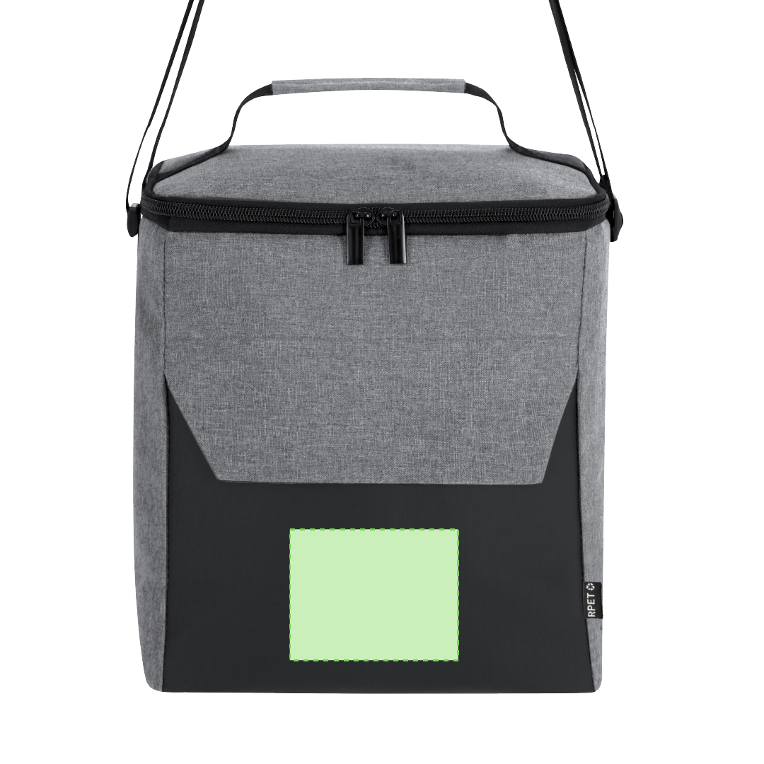 Nevera RPET 600D y PU con asa acolchada, bolsillo frontal y doble tirador metálico