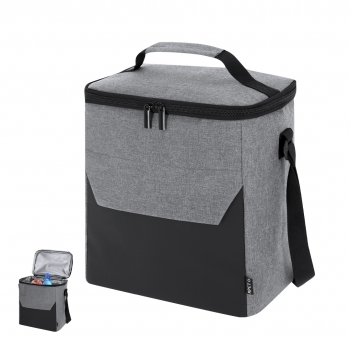 Nevera RPET 600D y PU con asa acolchada, bolsillo frontal y doble tirador metálico