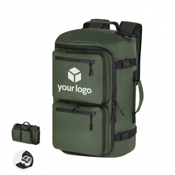 Bolso mochila de PU con portazapatos, doble tirador, 3 bolsillos frontales y cintas ajustables compactadoras