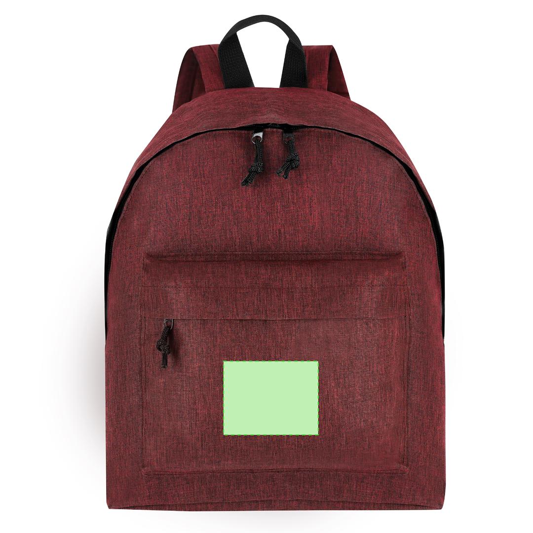 Mochila de RPET 600D efecto jaspeado con doble tirador metálico negro, bolsillo frontal y DTF3