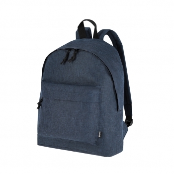 Mochila de RPET 600D efecto jaspeado con doble tirador metálico negro, bolsillo frontal y DTF3