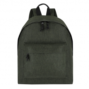 Mochila de RPET 600D efecto jaspeado con doble tirador metálico negro, bolsillo frontal y DTF3