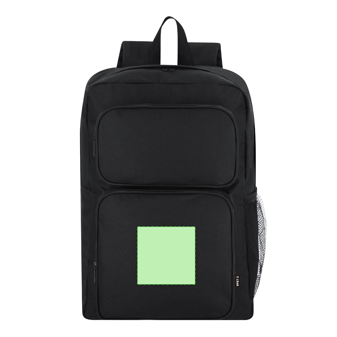 Mochila de RPET 600D con doble tirador metálico negro, 2 frontales, bolsillo malla lateral y DTF3