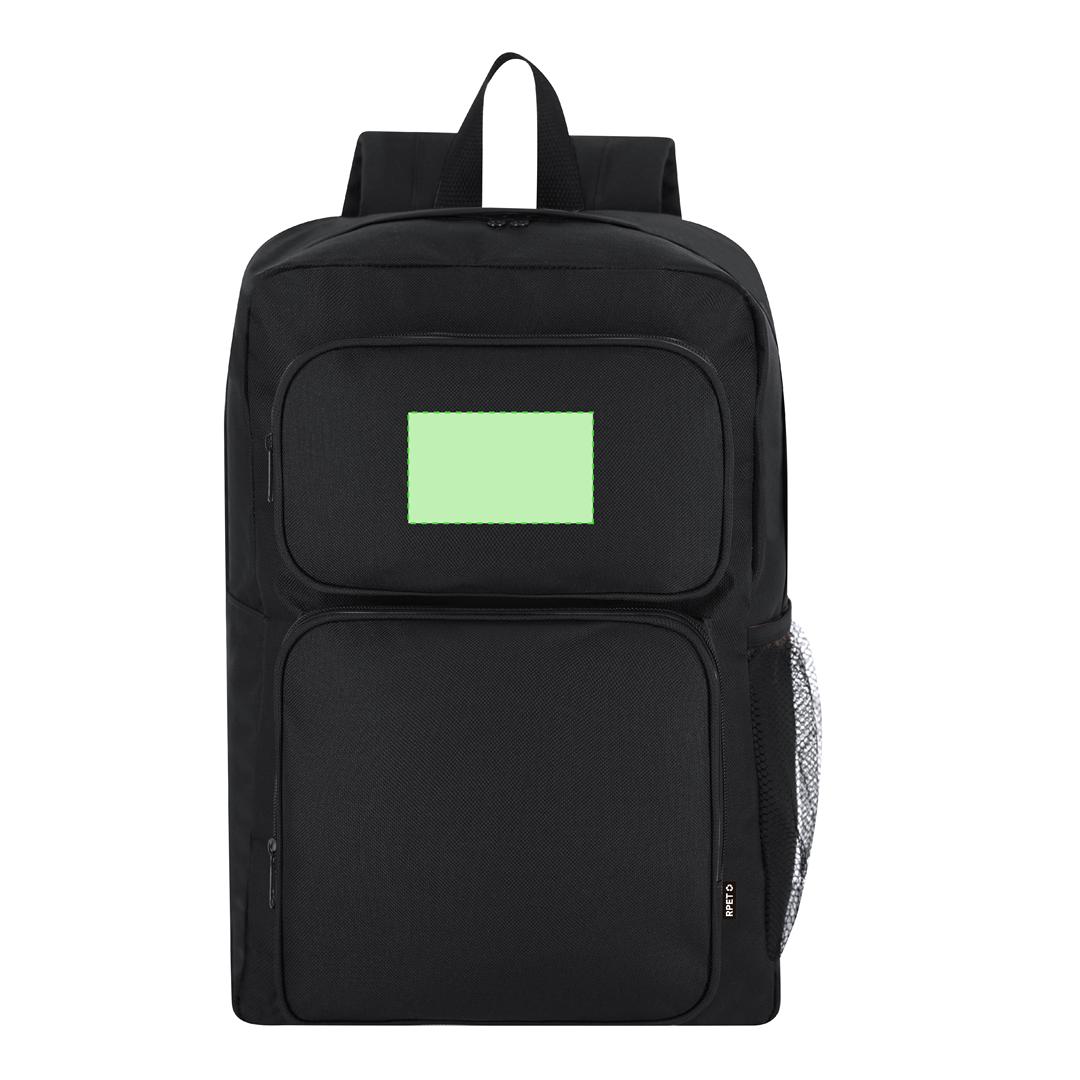 Mochila de RPET 600D con doble tirador metálico negro, 2 frontales, bolsillo malla lateral y DTF3