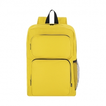 Mochila de RPET 600D con doble tirador metálico negro, 2 frontales, bolsillo malla lateral y DTF3