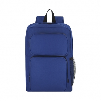 Mochila de RPET 600D con doble tirador metálico negro, 2 frontales, bolsillo malla lateral y DTF3