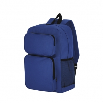 Mochila de RPET 600D con doble tirador metálico negro, 2 frontales, bolsillo malla lateral y DTF3