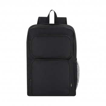 Mochila de RPET 600D con doble tirador metálico negro, 2 frontales, bolsillo malla lateral y DTF3