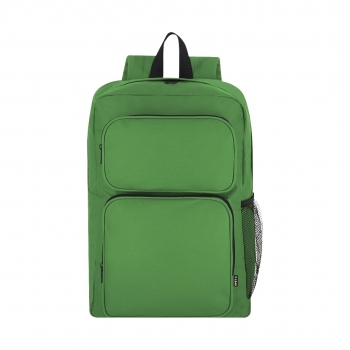 Mochila de RPET 600D con doble tirador metálico negro, 2 frontales, bolsillo malla lateral y DTF3