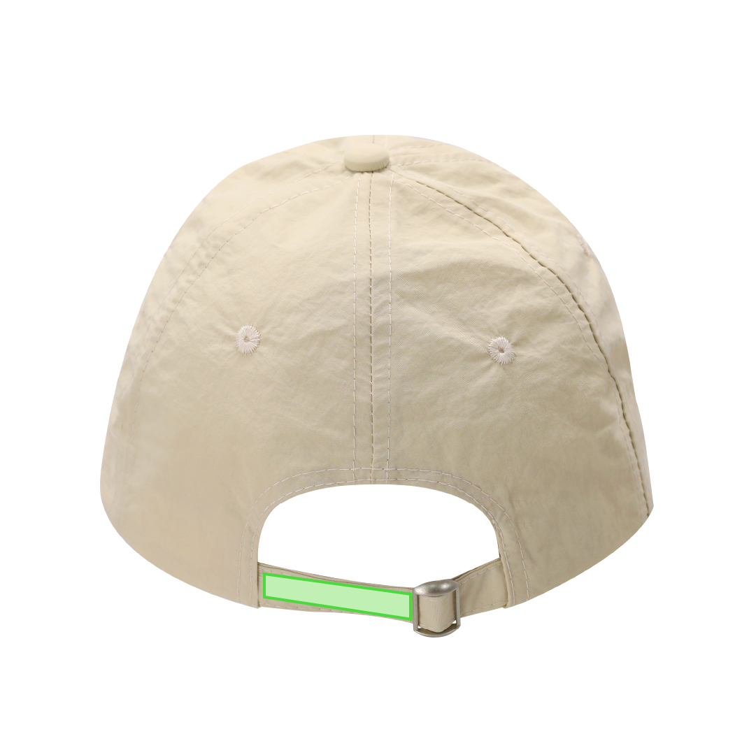 Gorra de soft nylon de 6 paneles con ventilación, cierre de hebilla metálica ajustable