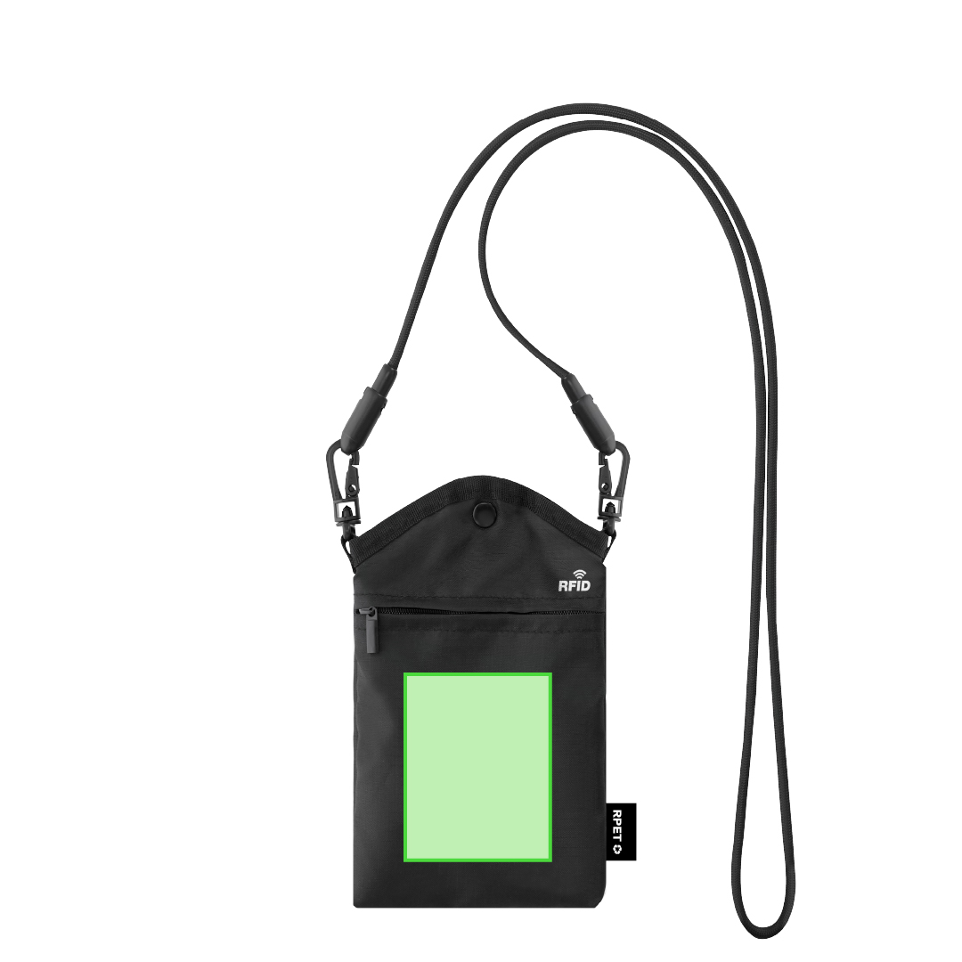 Portatodo de RPET 210D con protección RFID, botón frontal y bolsillo cremallera