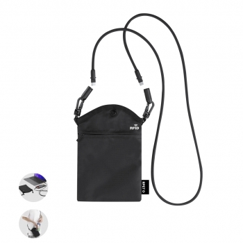 Portatodo de RPET 210D con protección RFID, botón frontal y bolsillo cremallera
