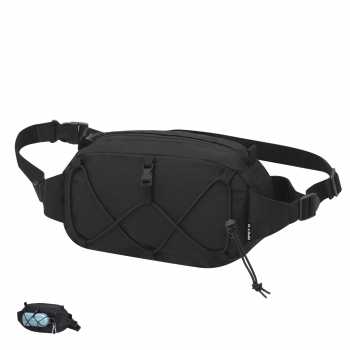 Riñonera de RPET 600D con cremallera invisible negra, tirador metálico y cinta ajustable