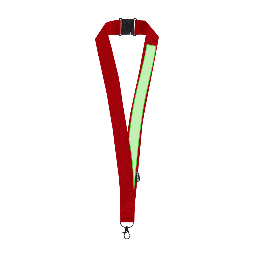 Lanyard de poliéster RPET con mosquetón negro giratorio, cierre de seguridad y etiqueta RPET