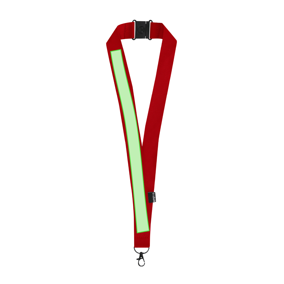 Lanyard de poliéster RPET con mosquetón negro giratorio, cierre de seguridad y etiqueta RPET